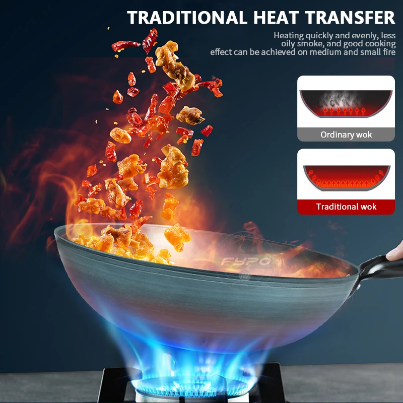 Iron Wok Chinese Seasoned Wok 32/34cm Iron Woks Chef Stir Fry Special Wok Pan Kitchen Cookware For Electric Induction and Gas Stoves