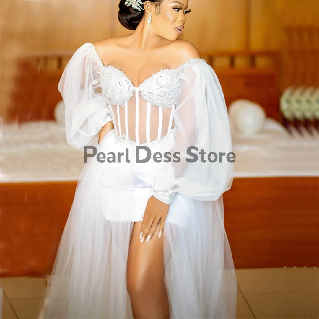 

Pearl Dress 2023 White Wedding Gown Bridal Robe Bridal Shower Gown Off Shoulder Long Sleeve Side Split Trailing Beaded Tulle
