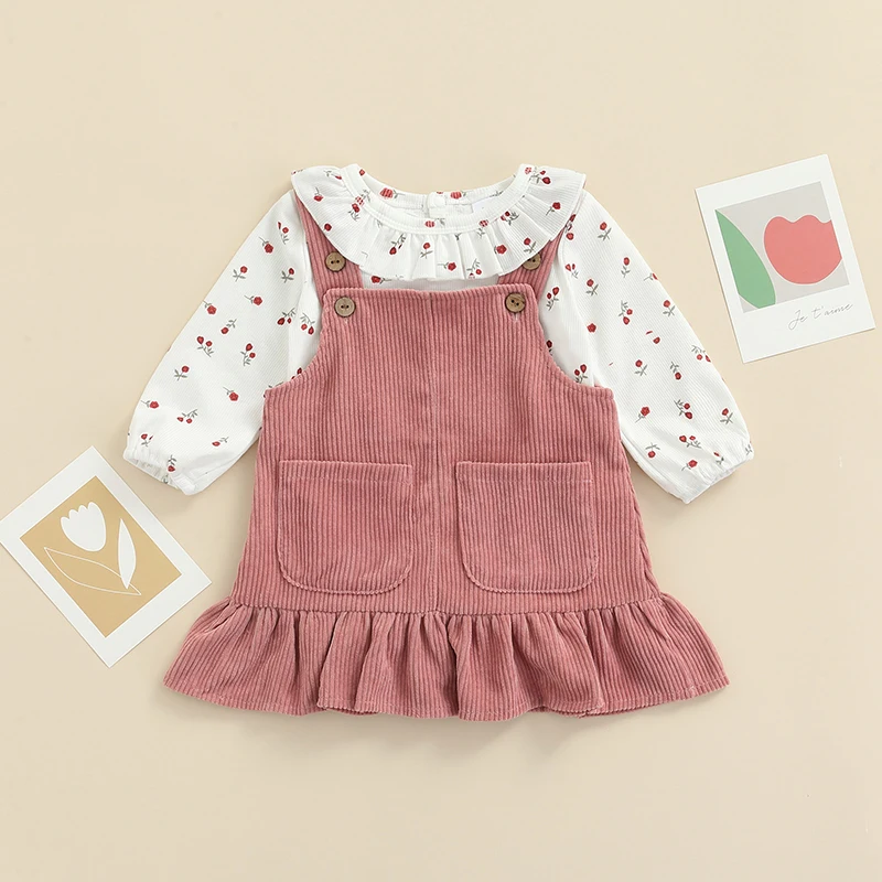 

Infant Baby Girls 2pcs Fall Clothes Sets Long Sleeve Floral Printed Doll collar Romper Tops Suspender Corduroy Pleated Hem Dress