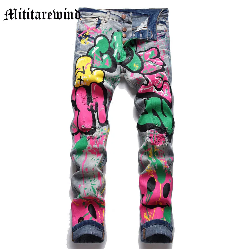 

Jeans For Men Punk Letter Painting Print Slim Full Length Pants High Street Y2k Vintage Blue Retro Ripped Trousers Hip Hop