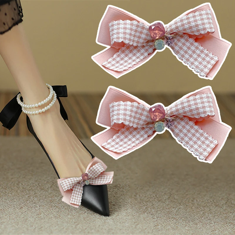 

Sweet Girl Bow Shoe Clips Pink Shoe Embellishment Detachable Flats Shoe Buckle Plaid Bow Shoe Decor for Pumps Accessories 2 Pcs