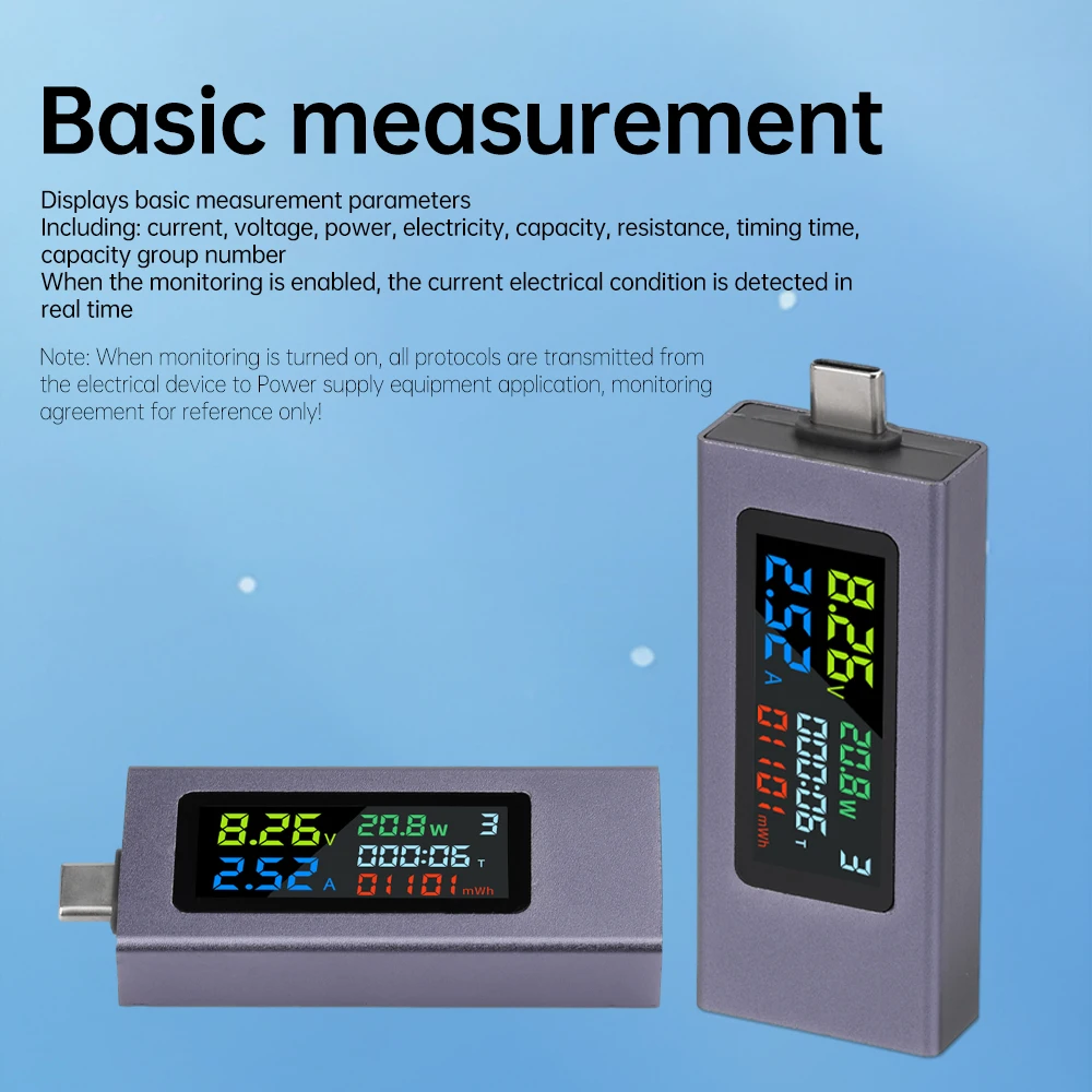 Type-C 테스터 전력계 디지털 디스플레이 전압 전류 USB C 전력계 충전기용 용량 테스터 DC 4.550V 0-8A