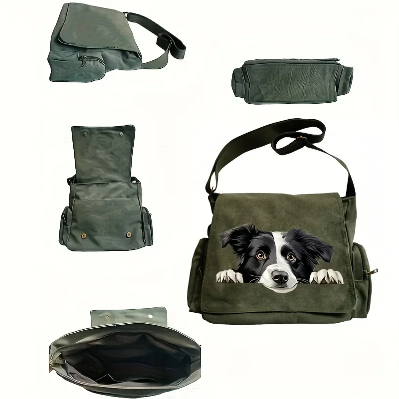 Fashion 3D Dog Print Women's Canvas Bag Multiple Pockets Army Green Shoulder Bag For Female Commuting Students Book Bag