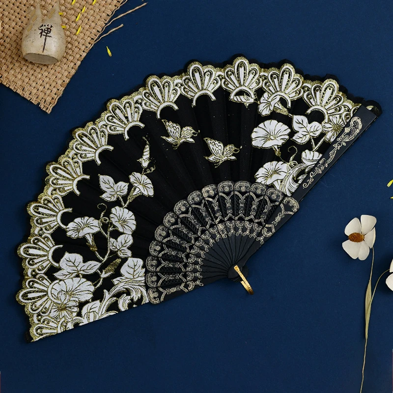 Chinese Style Folding Fan Vintage Portable Hand Held Fan Plastic Flower Printed Female Dance Art Props Decoration