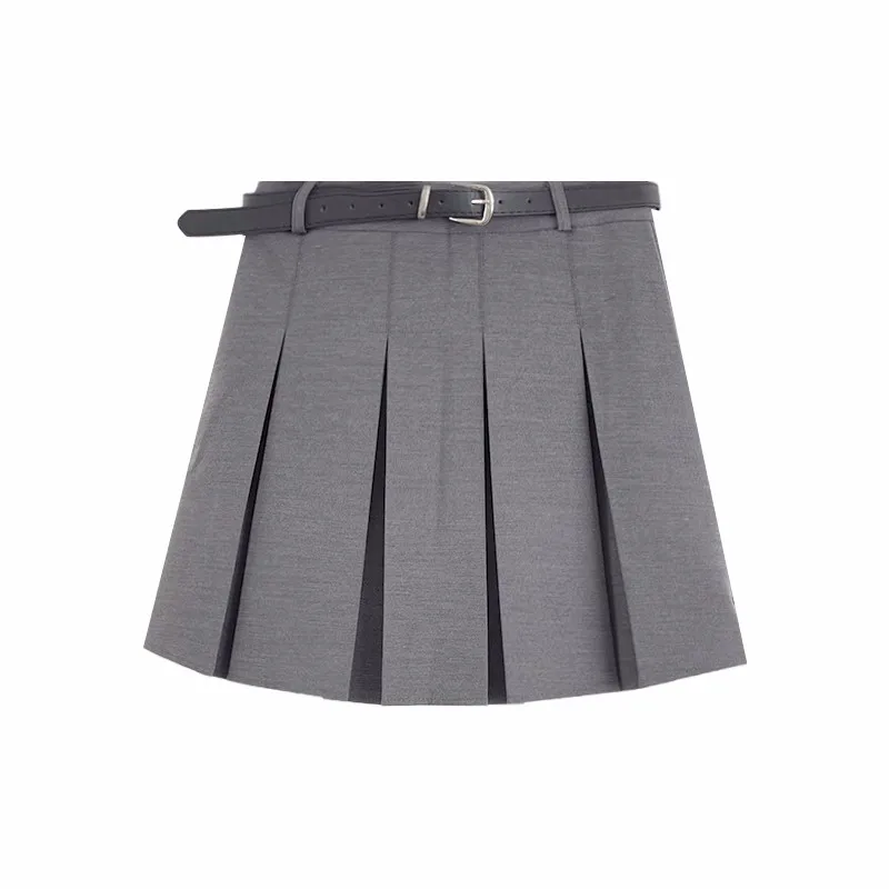 Girls' College Style Summer High Waist Slim A-line Pleated Short Skirt with Belt