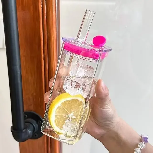 350ML Square Mug With Lids and Straws Single Colored Handle Layer Drinking Glass Cups For Iced Coffee Milk Bubble Tea Water glass cup square mug