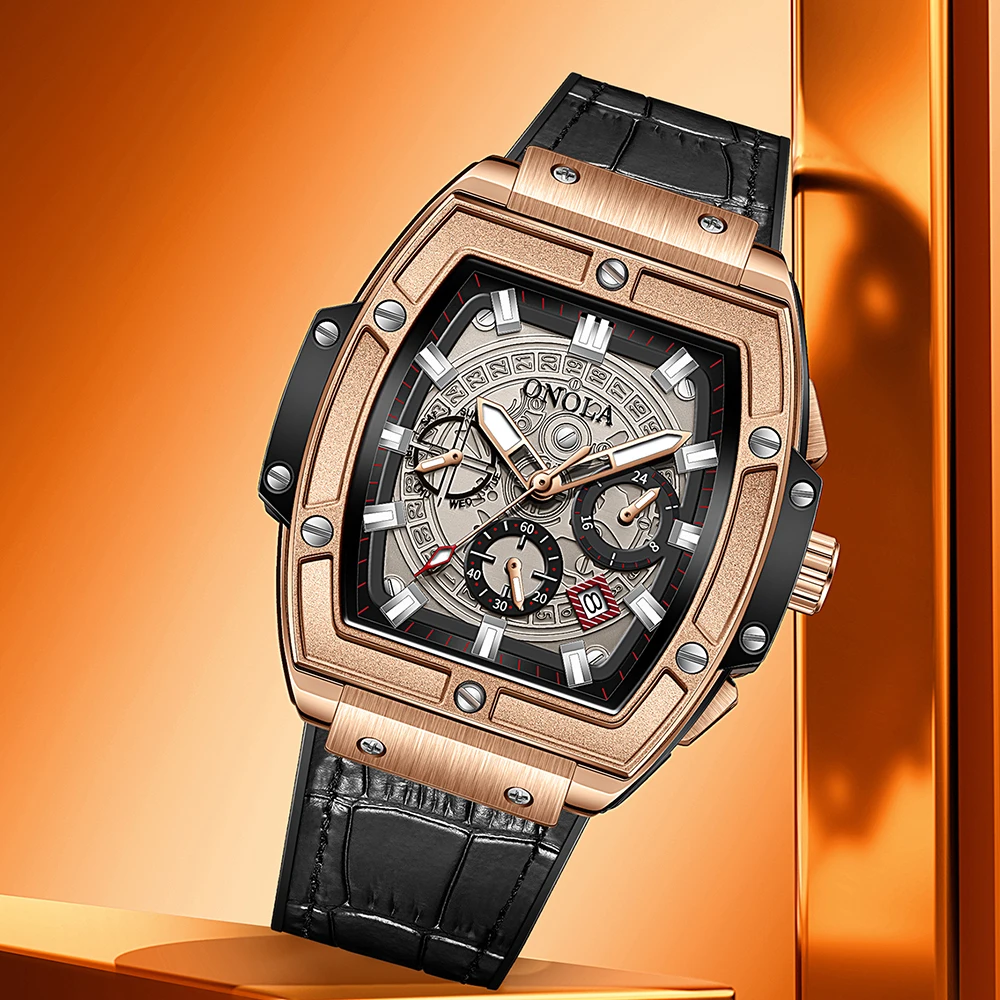 New Tonneau Quartz Watches Men Fashion Wathet Blue Leather Wristwatch Luxury Multifunctional Chronograph Male Clock Dropshiping