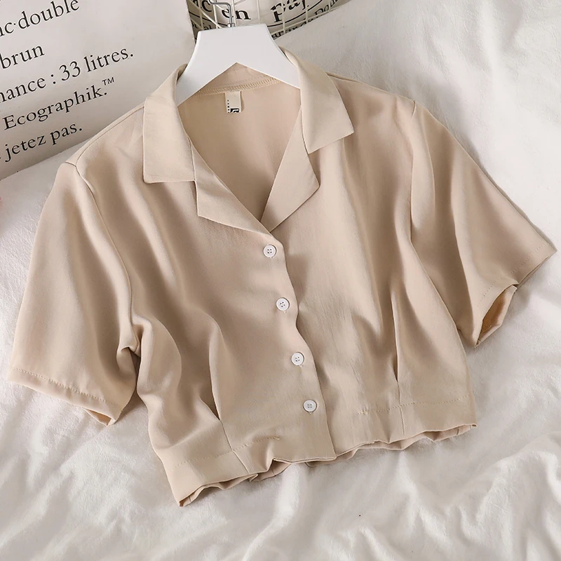Turndown Collar Short Sleeve Crop Top Chiffon Shirt Blouse Women 2021 Summer Fashion Street Style Casual Button Loose Simple Top