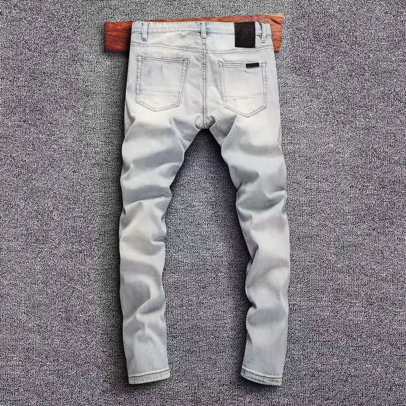 Fashion Designer Men Jeans Retro Washed Light Blue Elastic Stretch Slim Fit Ripped Jeans Men Broken Hole Vintage Denim Pants