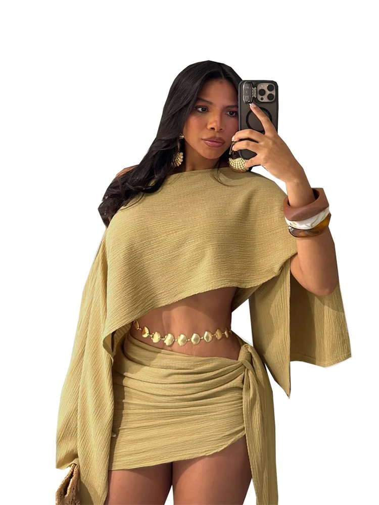 Wmstar Two Piece Sets Women Wholesale Shorts New in Summer Seaside Vacation Style  Slant Neck Off Shoulder Top Matching Suit