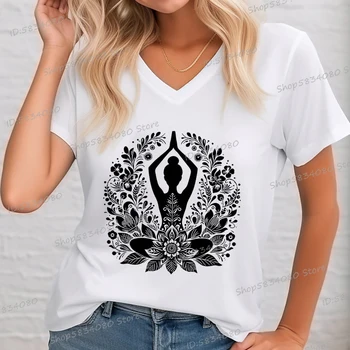 Women's Yoga Floral Shirt Design Graphic Short Sleeve Tee Casual Yoga Lover Gift V-neck Woman T-shirts Yoga Gifts Apparel Tops 1