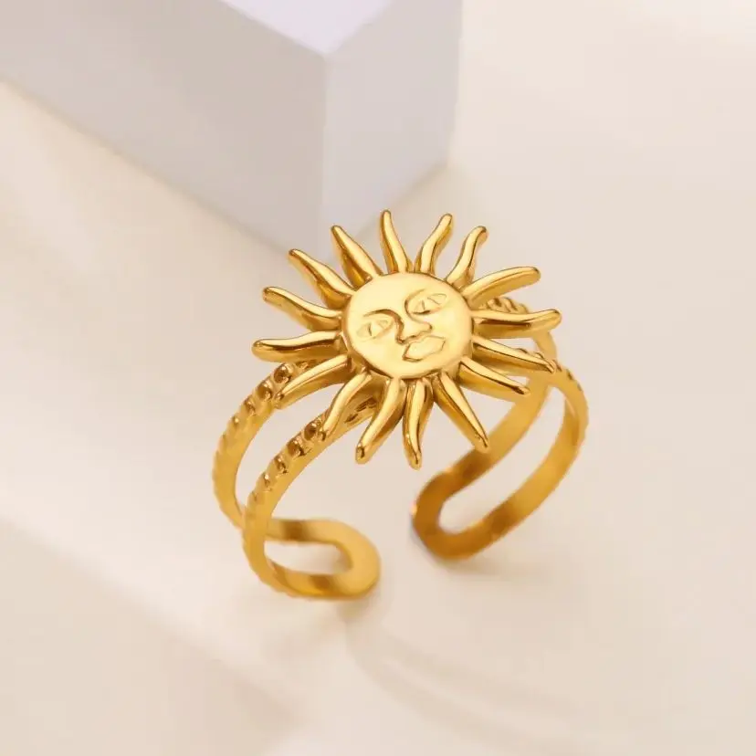 Geometric Sun Rings For Women Gold Color Stainless Steel Adjustable Ring