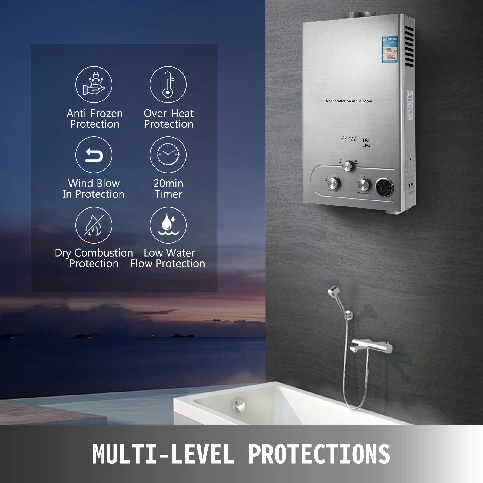 VEVOR 6L/8L/10L/12L/16L/18L LPG Propane Gas Instant Hot Water Heater Boiler  Outdoor Stainless Steel