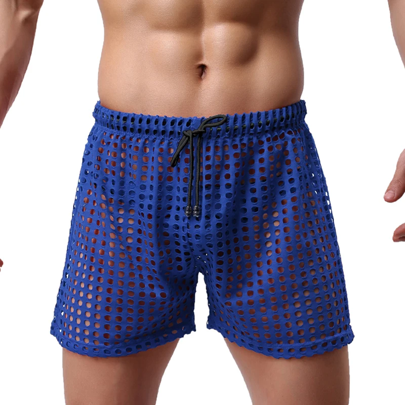 Men's Swimming Trunks Fishnet Casual Shorts Summer Swim Briefs Solid Color Mesh Drawstring Loose Lounge Shorts Swim