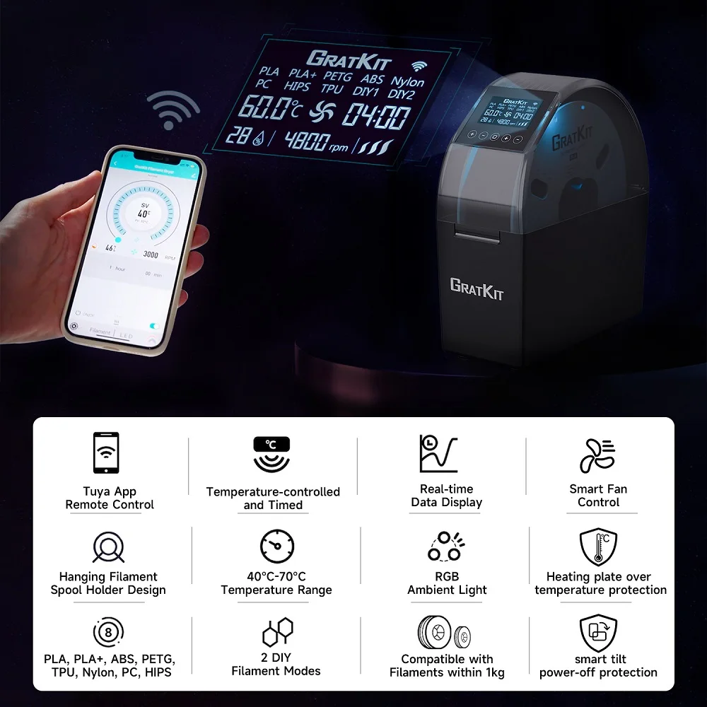 GratKit 반딧불 3D 필라멘트 건조기 상자, 투야 앱 제어, RGB 주변 LED 조명, 3D 인쇄 도구