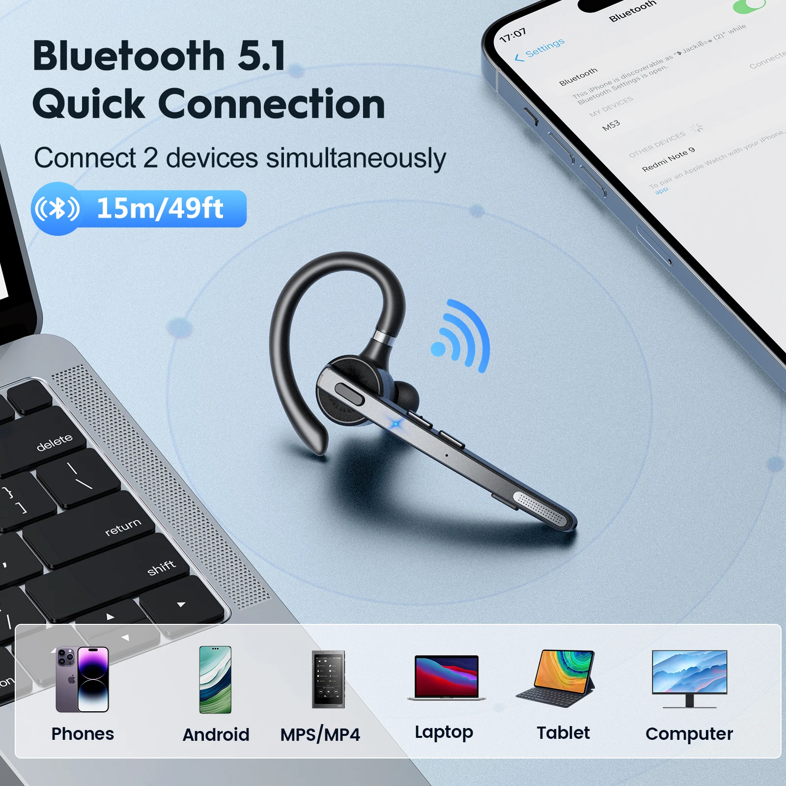 Premium Wireless Bluetooth Headset with Dual-Mic Noise Cancelling Technology