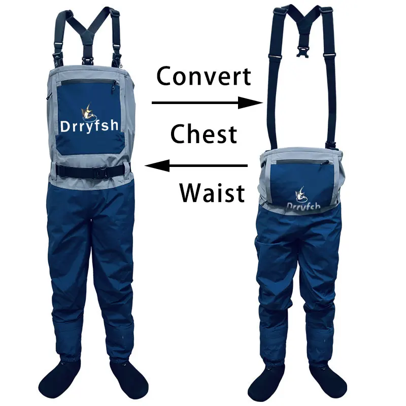 Men Breathable Stockingfoot Chest Waist Convertible Wader Waterproof Wading Pants for Fishing Hunting Kayaking ATV Sport Clothes