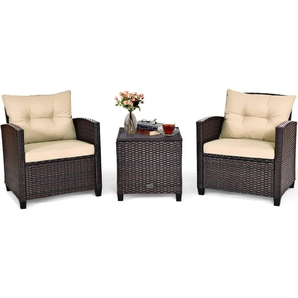 

Wicker Outdoor Sofa Set w/Washable Cushion and Tempered Glass Tabletop, Furniture for Garden Poolside Balcony，Garden Sofas