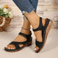 Summer New Flower Pattern Adhesive Thick Heel Sandals Women's Cross-Border Large Size Slope Heel Open-Toe Beach Sandals