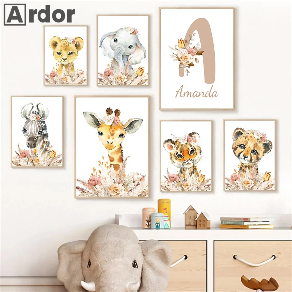 

Custom Name Posters Jungle Animal Lion Elephant Giraffe Zebra Nursery Wall Art Prints Canvas Painting Pictures Kids Room Decor