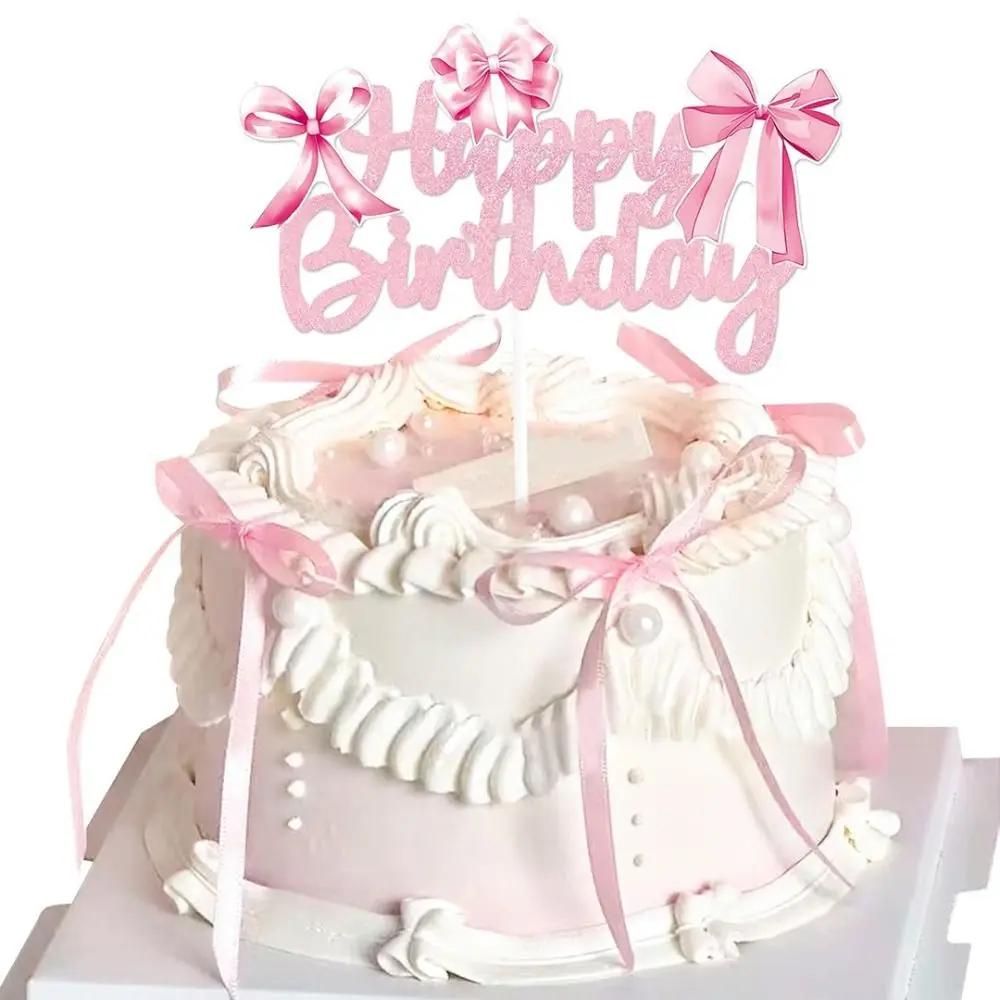 7Pcs Acrylic Letter Cake Decorating Multipurpose Funny Bows Polyester Happy Birthday Sign Ribbion Topper
