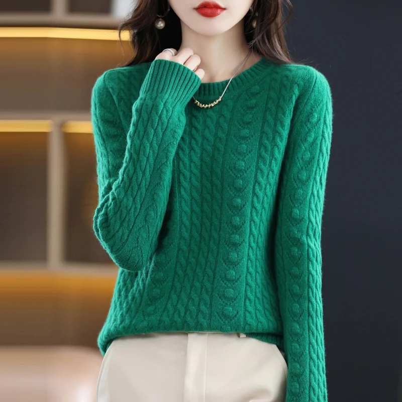 

100% pure wool round color matching crochet bottoming shirt ladies autumn and winter new solid color knitted sweater loose top