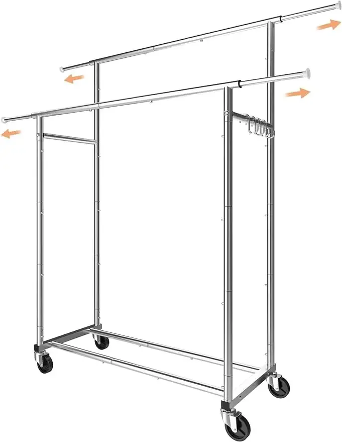 

Simple Trending Double Rod Clothing Garment Rack, Rolling Clothes Organizer on Wheels for Hanging Clothes,with 4 hooks, Chrome