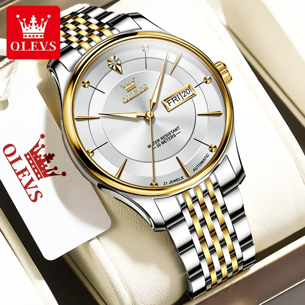 OLEVS 9927 Waterproof Men Wristwatches, Stainless Steel Strap Fashion Automatic Mechanical Watch For Men Calendar Week Display