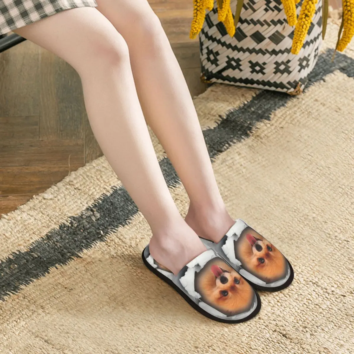 Custom Cute Pomeranian Dog In A Hole Soft Scuff Memory Foam Slippers Women Spitz Puppy Hotel House Shoes 5