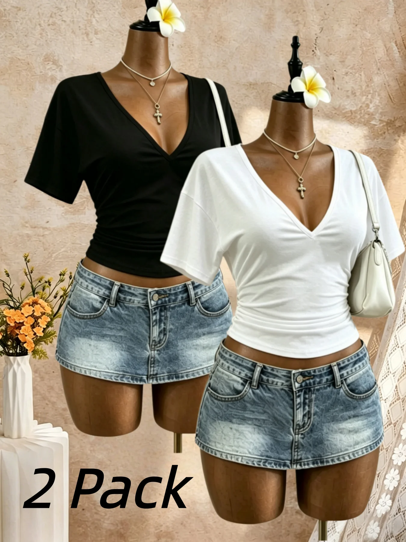 2er-Pack Damen T-Shirt mit tiefem V-Ausschnitt, Dolman-Ärmeln, seitlichen Raffungen, schmaler Passform, kurz geschnitten, Sommer 2026, Y2K, unifarben in Schwarz und Weiß, Basic Casual