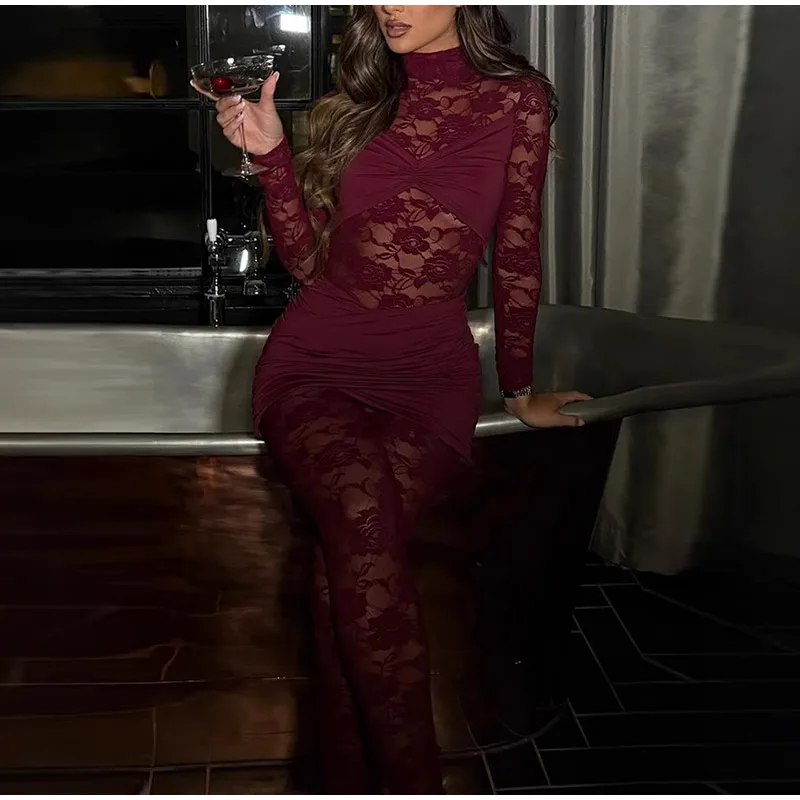 Mono sexy de encaje de manga larga de una pieza para mujer, mono ajustado con cuello alto, mono transparente para fiesta y club, primavera 2025
