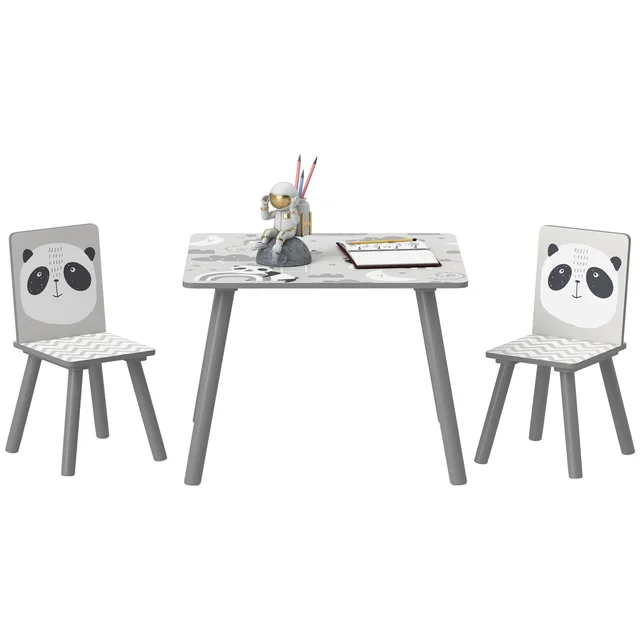 Ensemble table et 2 chaises Zonekiz, ensemble de meubles pour enfants 3 pièces pour enfants de plus de 3 ans avec bordure et panda gris et blanc 1