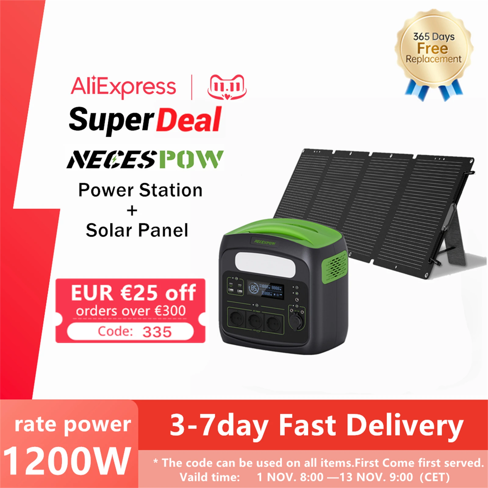 Necespow N1200 + Solar Panel 220v 230v 2400w Portable Power Station