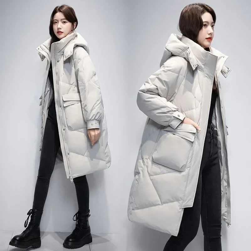 New Women Down Jacket Winter Coat Mid Length Version Parkas Loose Thick Warm Hooded Outwear Over The Knee Large Size Overcoat women coat 2021 new winter clothes korean style large sze female mid length over the knee black imitation down jacket thickening