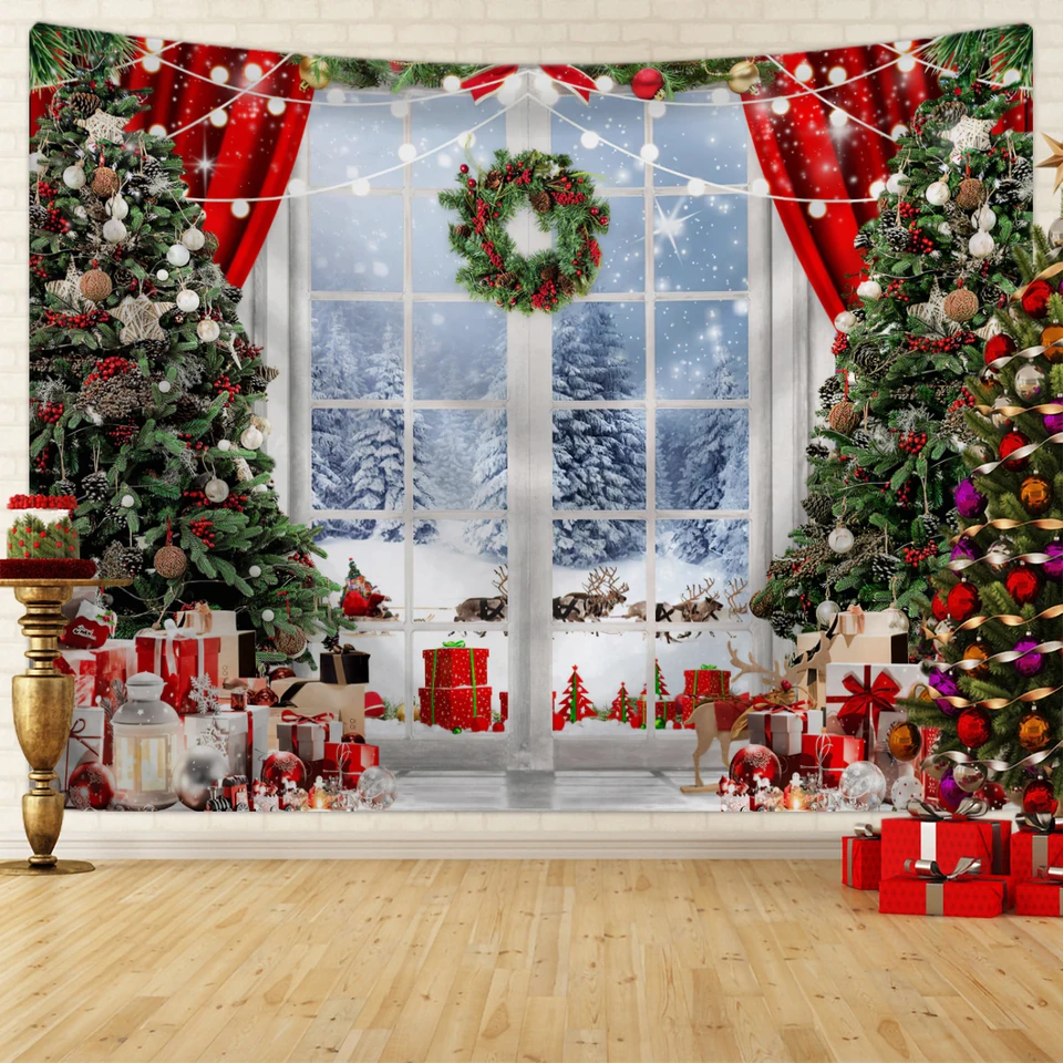 Christmas Tapestry, Christmas Tree Backdrop, Snow Scene Photo Background Hanging Cloth, Lightweight Vinyl Fabric, Multiple Sizes 100x120cm To 180x240cm, Pink Holiday Party Decoration Wall Cloth - View #5