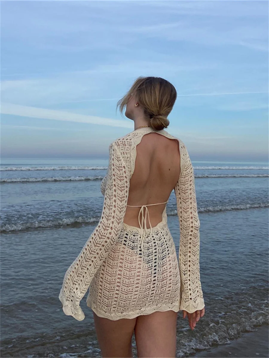Swimsuit Cover Up Swimsuit Coverup Beach Dress Set Boho Summer Backless Tie-up Mini Beach Dress for Women