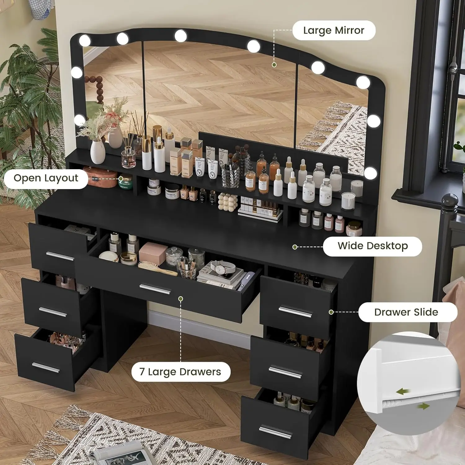 43.3" Vanity Desk with Large Lighted Mirror Makeup Vanity Table with 7 Drawers & 10 Lights Bulbs 3 Lighting Colors Make Vanity