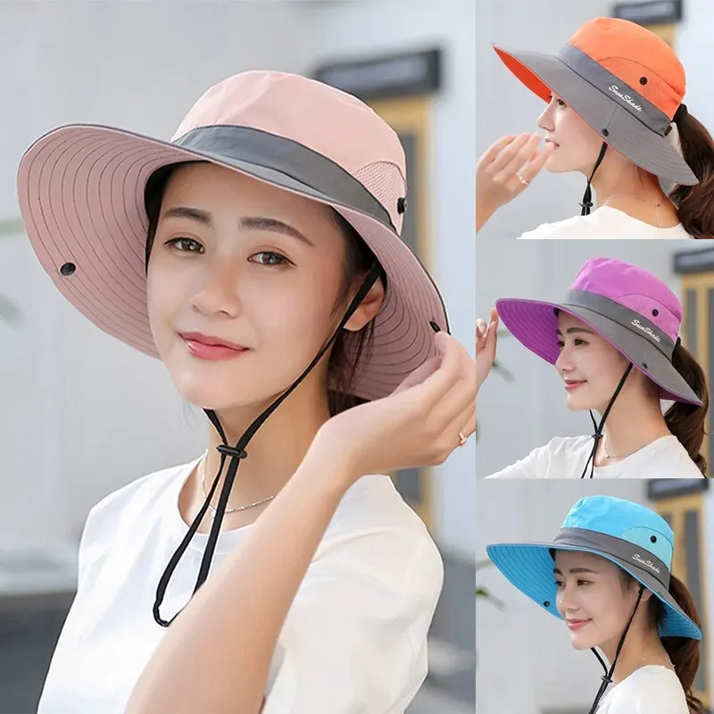 Womens UV Protection Wide Brim Sun Hats Cooling Mesh Ponytail Hole Cap Foldable Travel Outdoor Fishing Hat 1