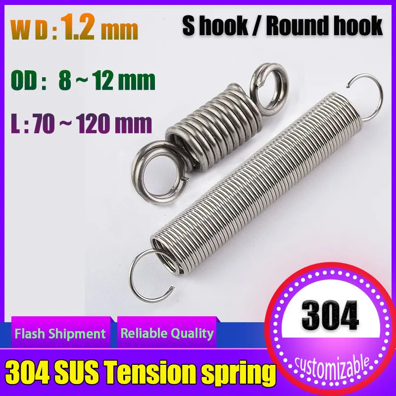 

1.2mm Wire diameter 304 Stainless Steel Tension spring S Hook Round hook Coil Pullback Extension Tension metal Spring wire