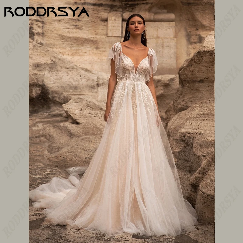 RODDRSYA Applique Lace Wedding Dress Boho Tulle A-line Robe De Soirée Spaghetti Straps Bridal Gown Sleeveles Backless For Women