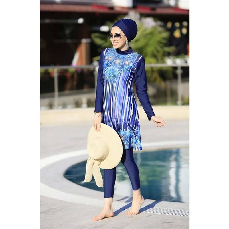 Women Muslim Swimwears Long Sleeves Sport swimming Togs Printed Stretch Full Cover Hijab 4pcs lslamic Burkinis