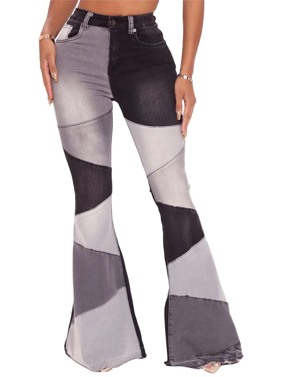 

Women Fashion Wild Flare Jeans Patchwork High Waist Denim Pants Autumn Winter Casual Trousers Streetwear