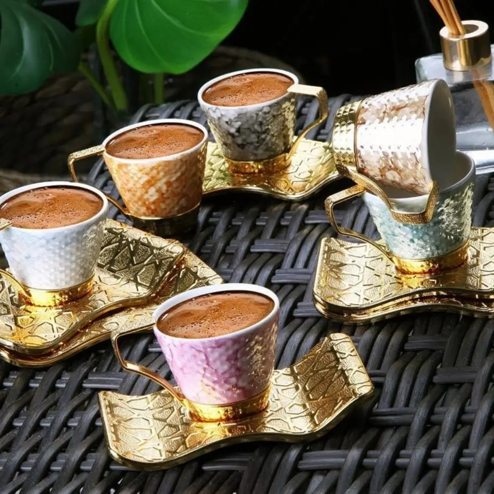 Elegant Turkish Coffee Cup Set with Metal Stand | 19 Pcs Colorful Coffee Cups with Leaf Design Handles and Saucers | 6Arabic, Greek Coffee Cups | Set