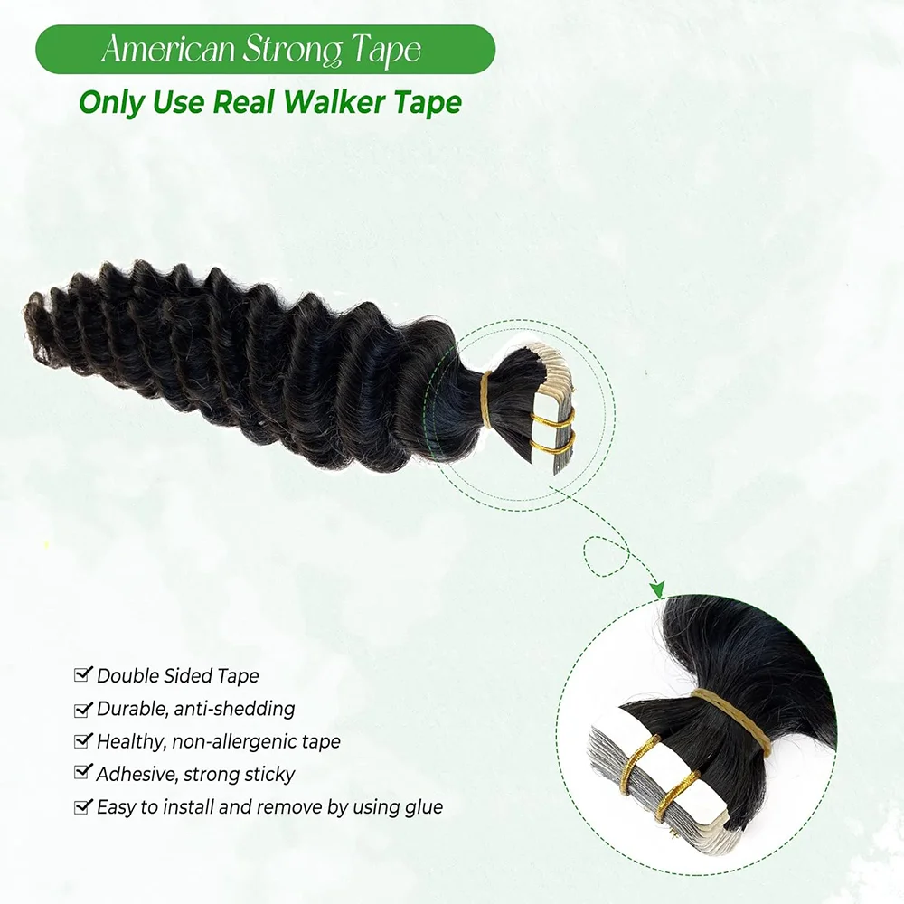 Curly Tape In Hair Extensions Deep Wave Tape Ins Hair Brazilian Natural Human Extensions 16-26 Inches Color #1B For Woman
