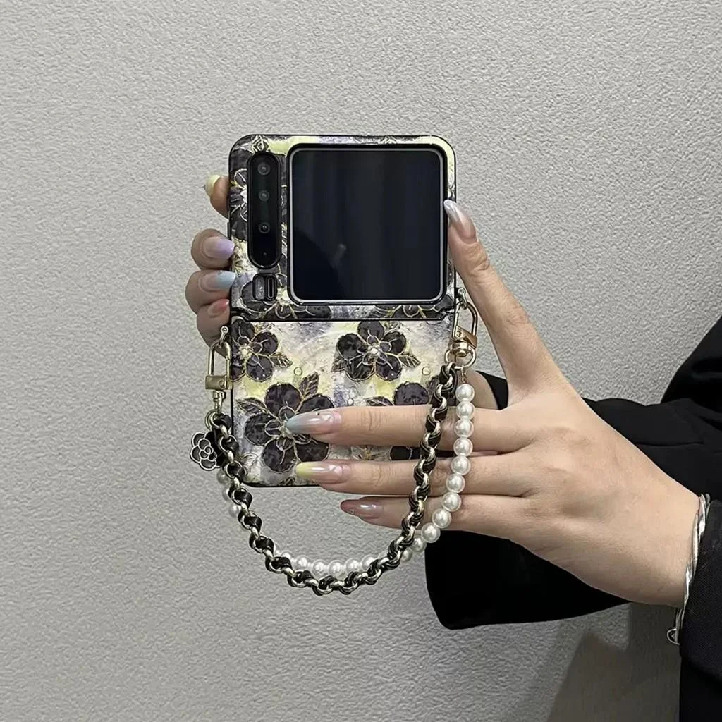 Transparent Pink Butterfly Flower Phone Case with Pearl Bracelet Chain and Hard Lens Protection Cover
