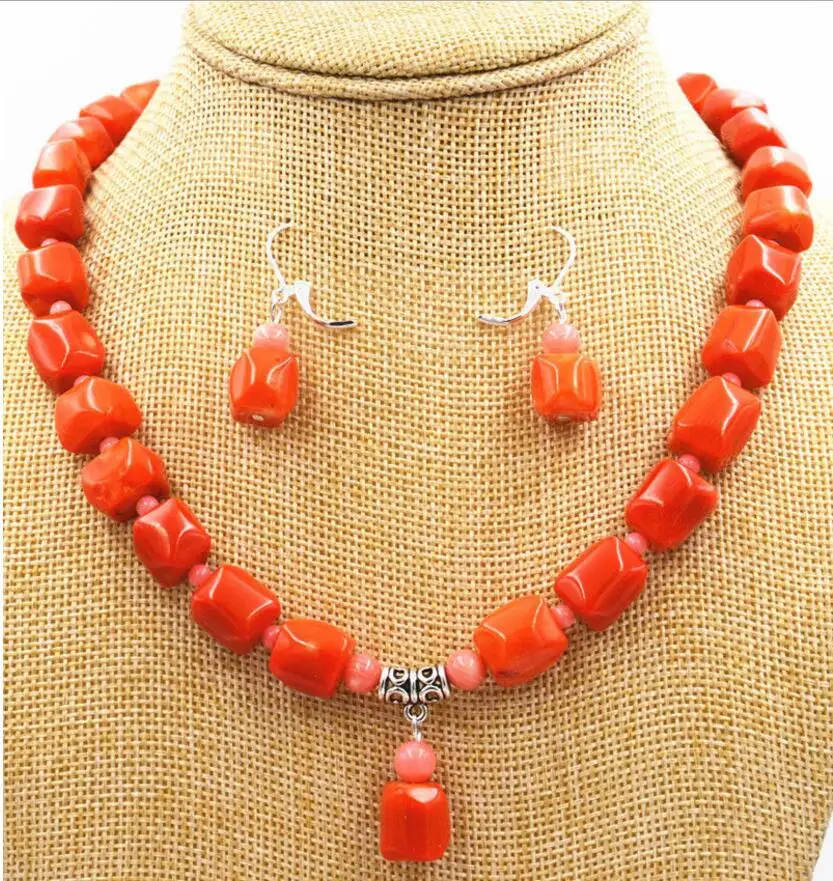 

Fashion Natural pink orange CORAL Necklace earring Gem stone Beads 18inch