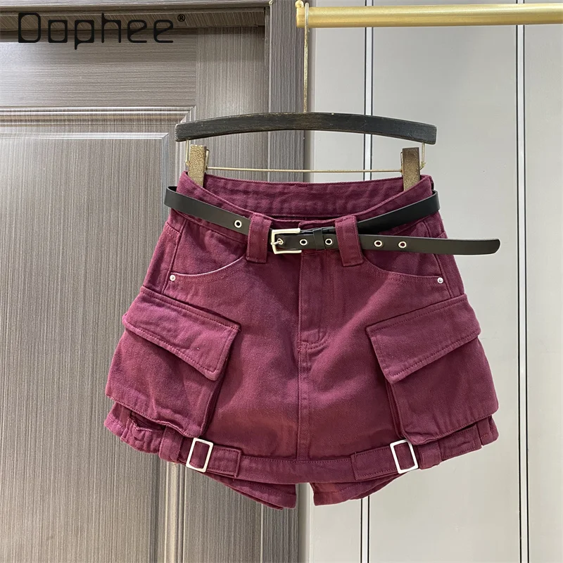 

Work Red Jean Skirts for Women 2024 Autumn New Hot Girl Casual High Waist Culottes Pocket A- Line Short Denim Skirt Promotion