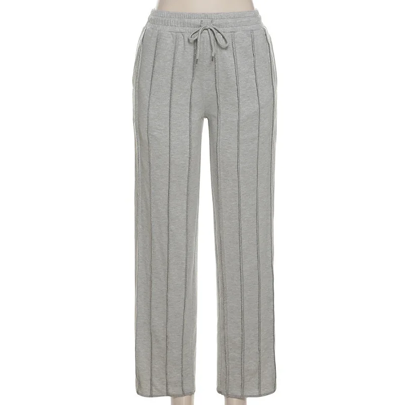 

2024 Spring Autumn Women Grey Sweatpants Y2K Unisex Drawstring Stripe Straight Wide Leg Pants Casual High Waisted Jogger Pants