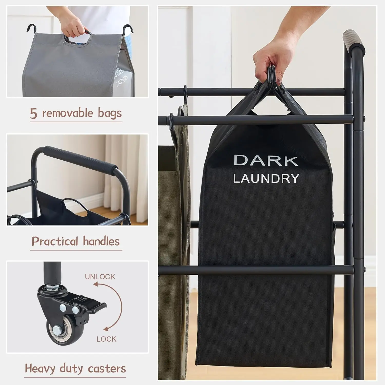 5 Bag Laundry Sorter Cart, Laundry Hamper Sorter Basket with Heavy Duty Lockable Rolling Wheels for Clothes Storage, 5 Colors