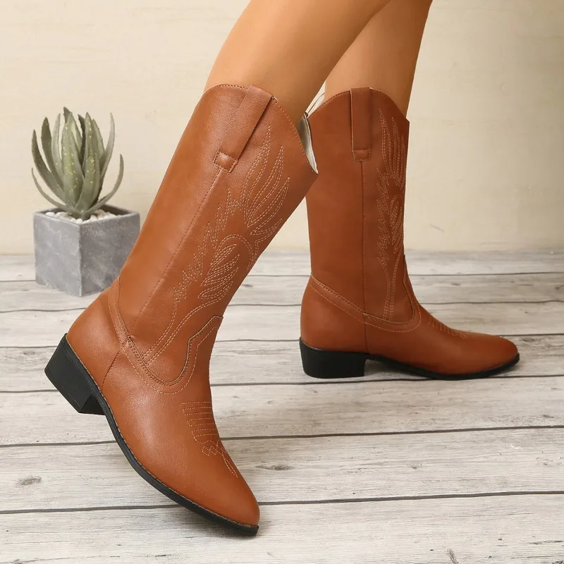 Classic Shoes for Female Slip-on Embroider Women's Mid-Calf Boots Square Heel Pointed Toe Women's Shoes Med Heel Ladies Boots